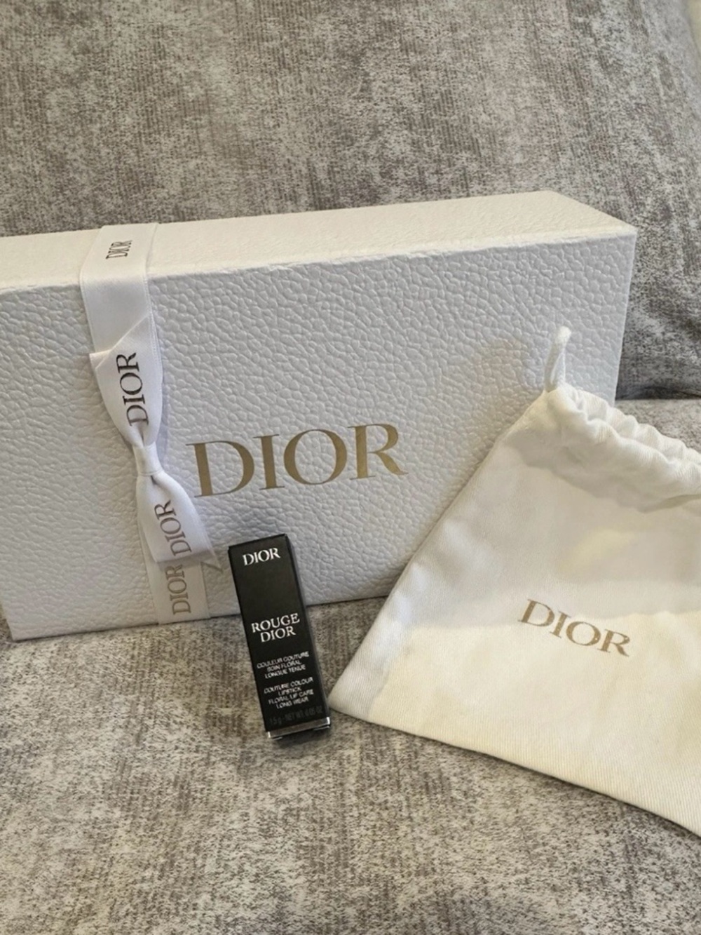 Dior Bundle-White Gift Box Set with Gold Logo, White Pouch and Mini Lipstick